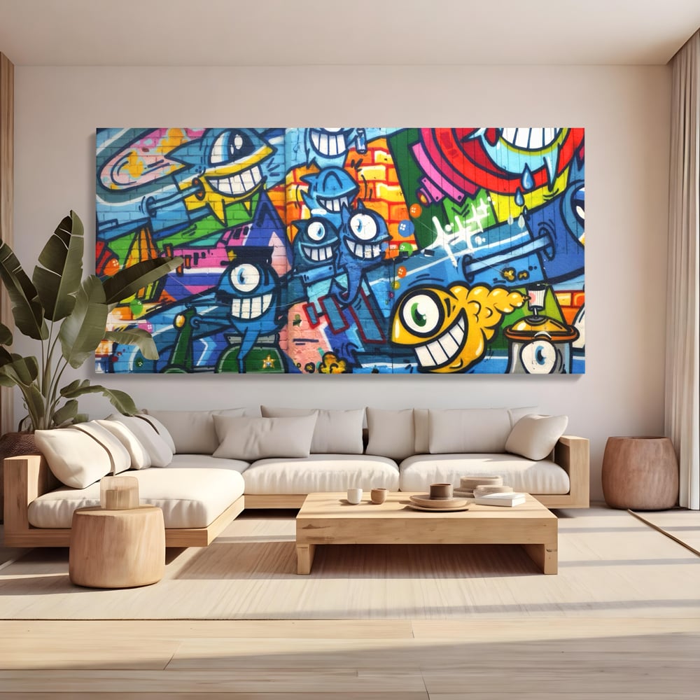 Tablou canvas cu tablou canvas cu graffiti urban si personaje, fara rama, pe sasiu de lemn, pe perete intr-un living